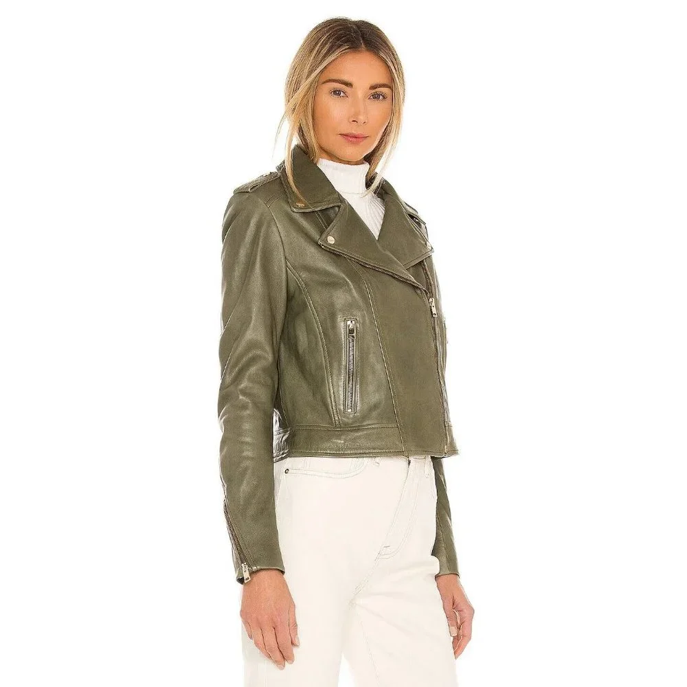 LAMARQUE Donna 21 Jacket In Vetiver Leather Biker Moto Jacket Casual sz S - Picture 2 of 16